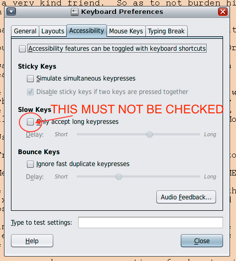 Image of GNOME Keyboard Preferences Accessibility Tab with the slow keys checkbox not checked