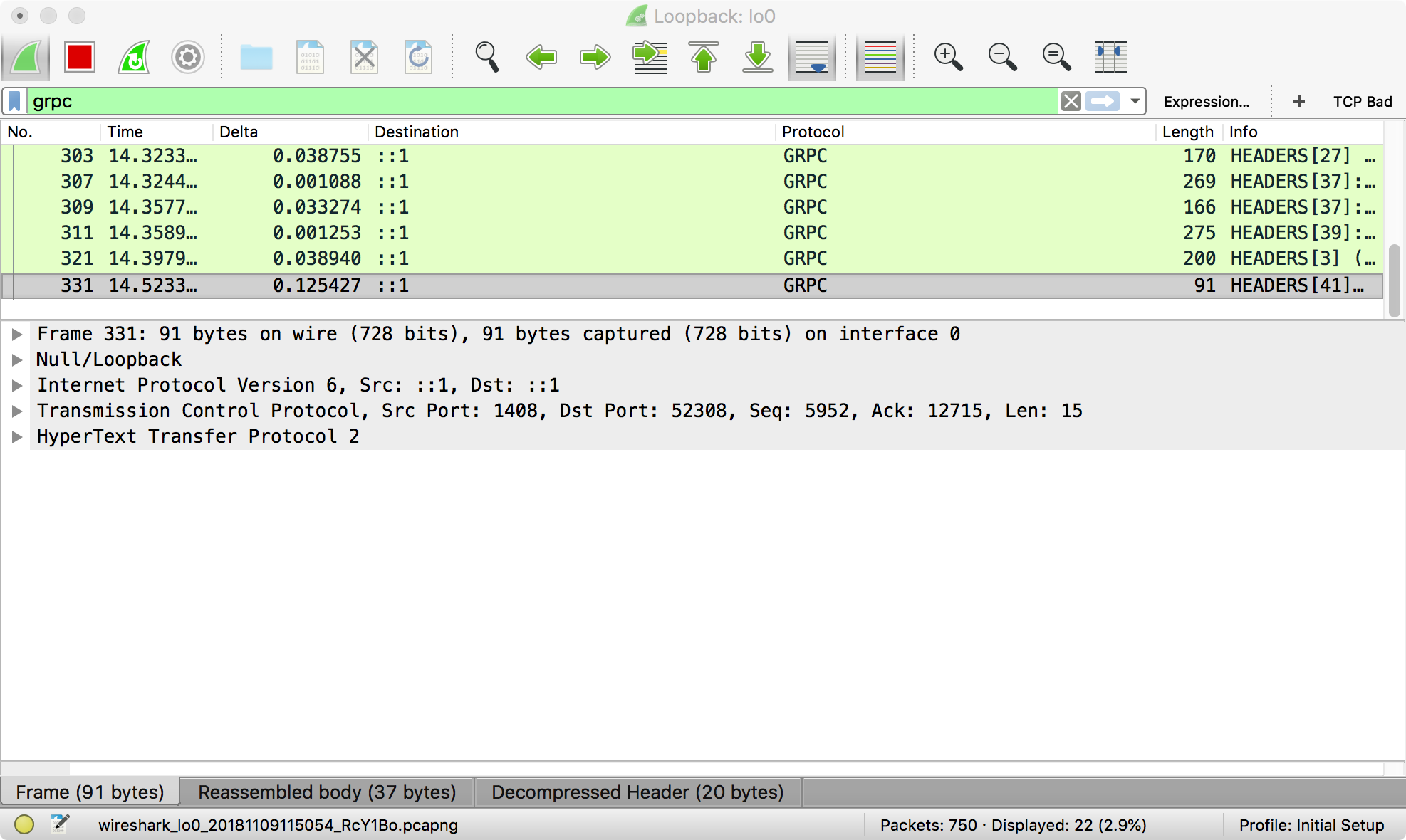 Wireshark image showing gRPC packets