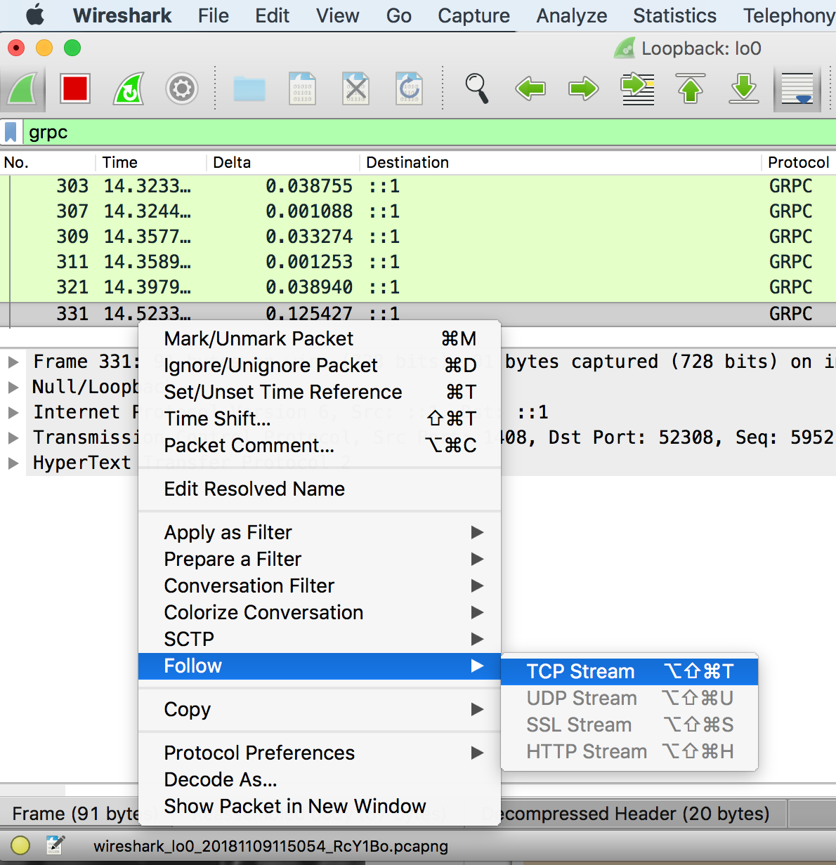 Wireshark showing follow TCP