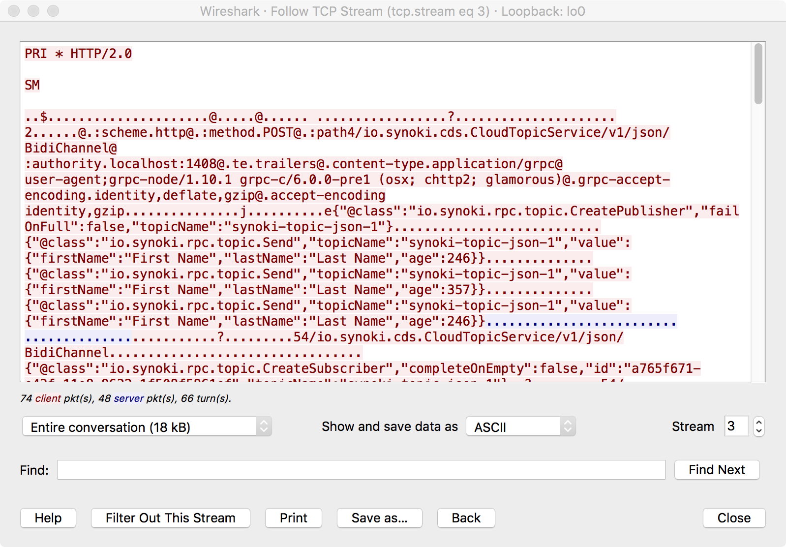 Wireshark image showing gRPC packets